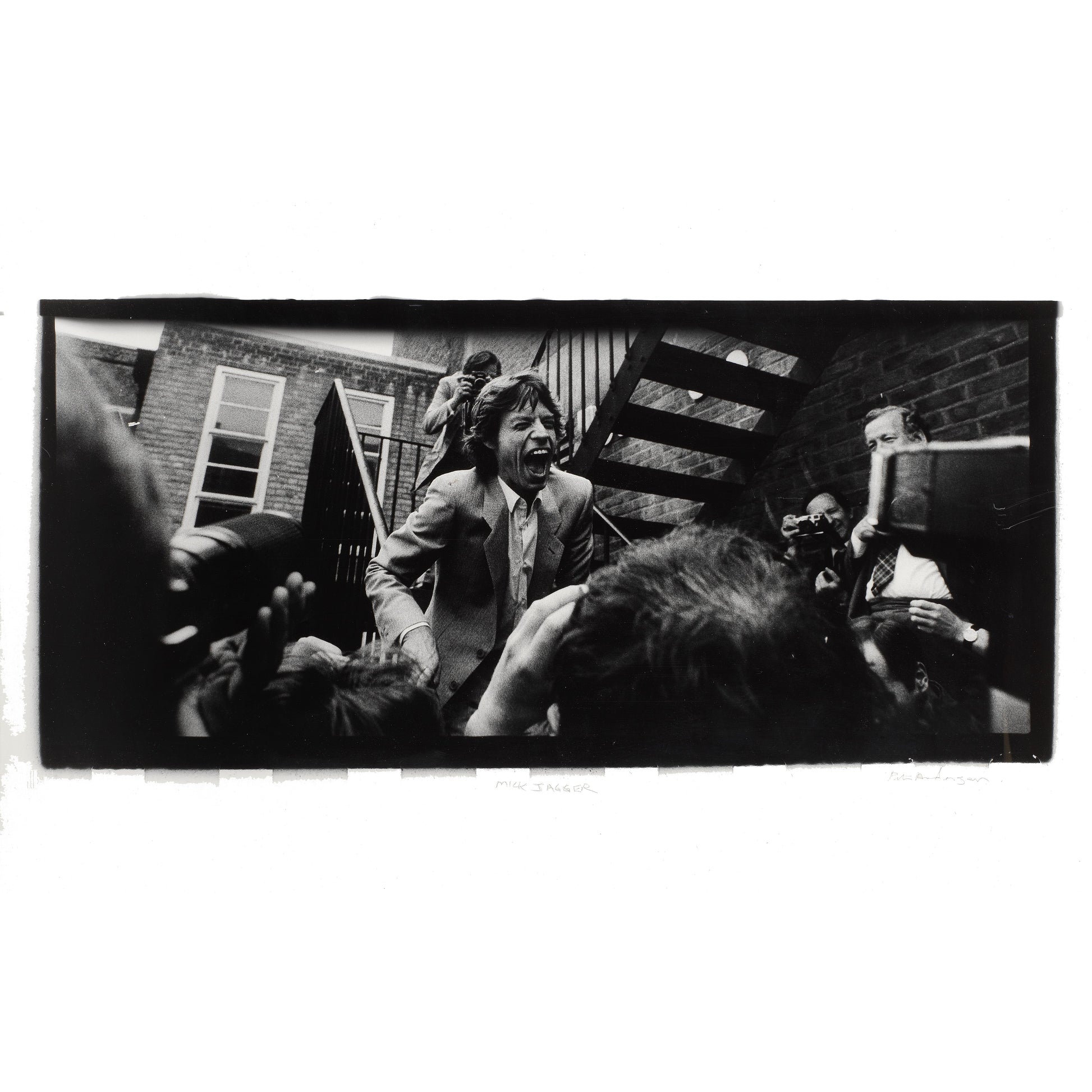 Mick Jagger Rolling Stones Le Beat Route Soho London 1982 press conference silver gelatin darkroom print by Peter Anderson
