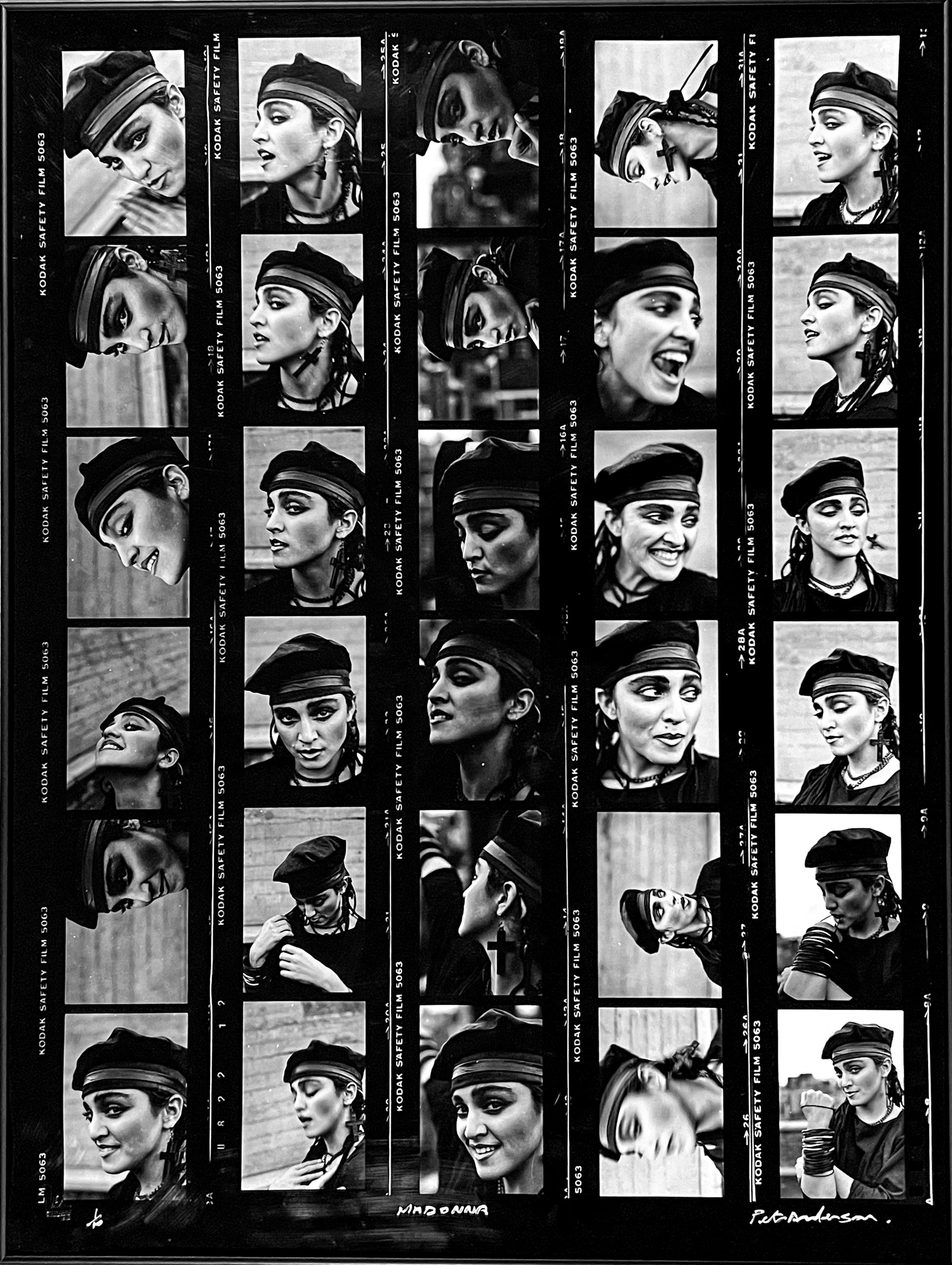 Oversized silver gelatin contact sheet of Madonna, London Soho 1983. Hand-printed on Ilford MGRC Glossy paper by Peter Anderson. Artist Proof, 700 x 930mm.framed