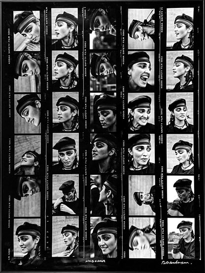 Oversized silver gelatin contact sheet of Madonna, London Soho 1983. Hand-printed on Ilford MGRC Glossy paper by Peter Anderson. Artist Proof, 700 x 930mm.framed