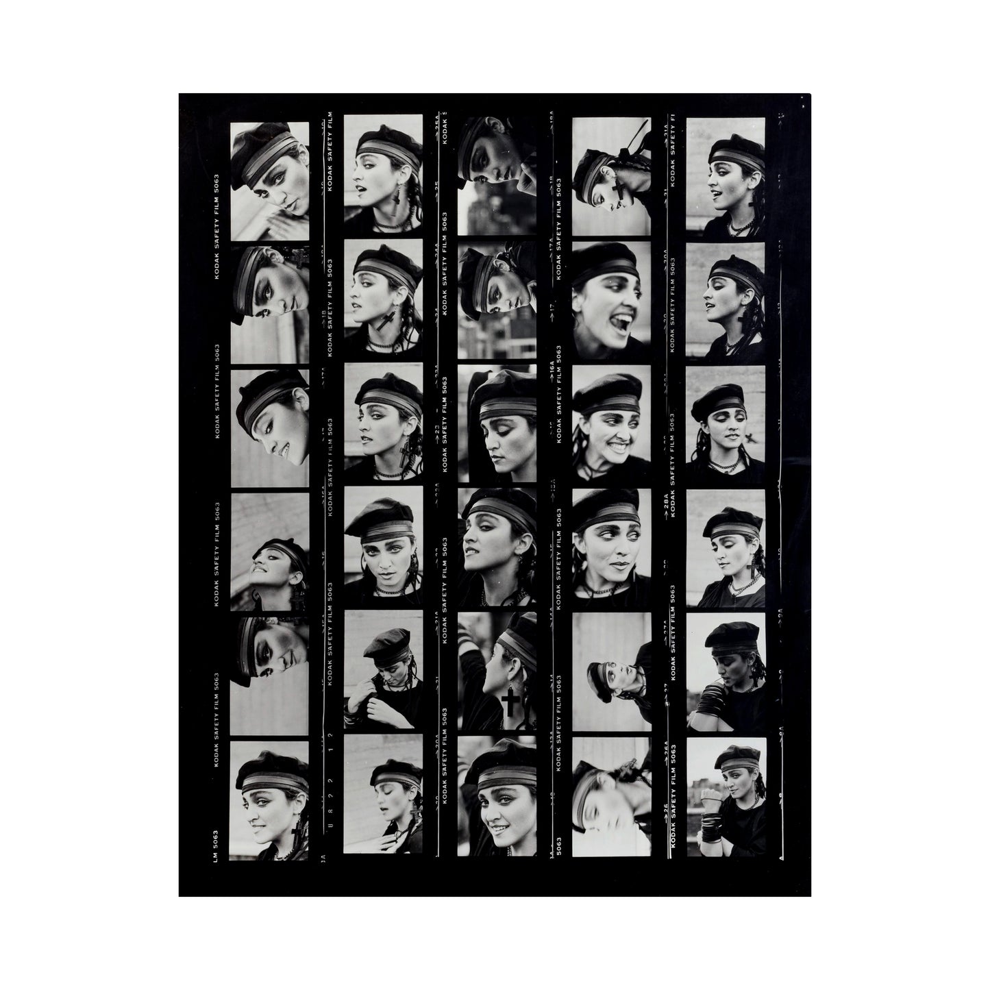 Oversized silver gelatin contact sheet of Madonna, London Soho 1983. Hand-printed on Ilford MGRC Glossy paper by Peter Anderson. Artist Proof, 700 x 930mm.framed