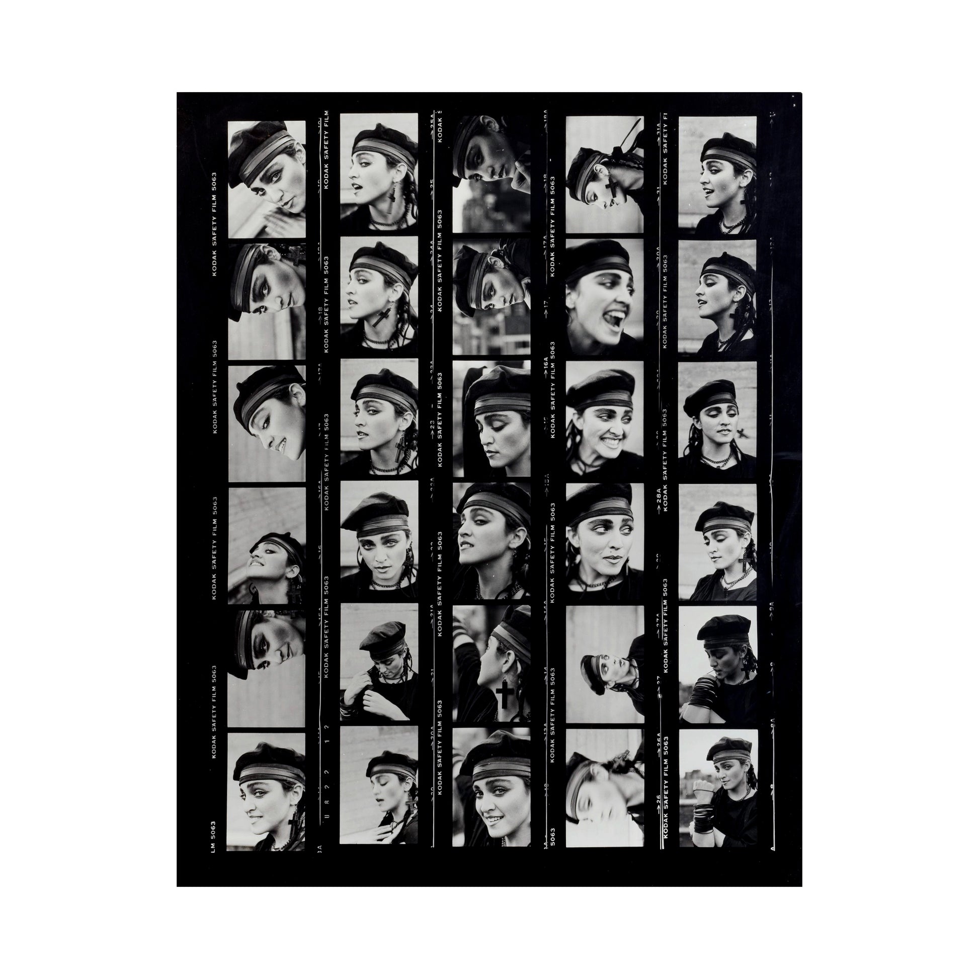 Oversized silver gelatin contact sheet of Madonna, London Soho 1983. Hand-printed on Ilford MGRC Glossy paper by Peter Anderson. Artist Proof, 700 x 930mm.framed